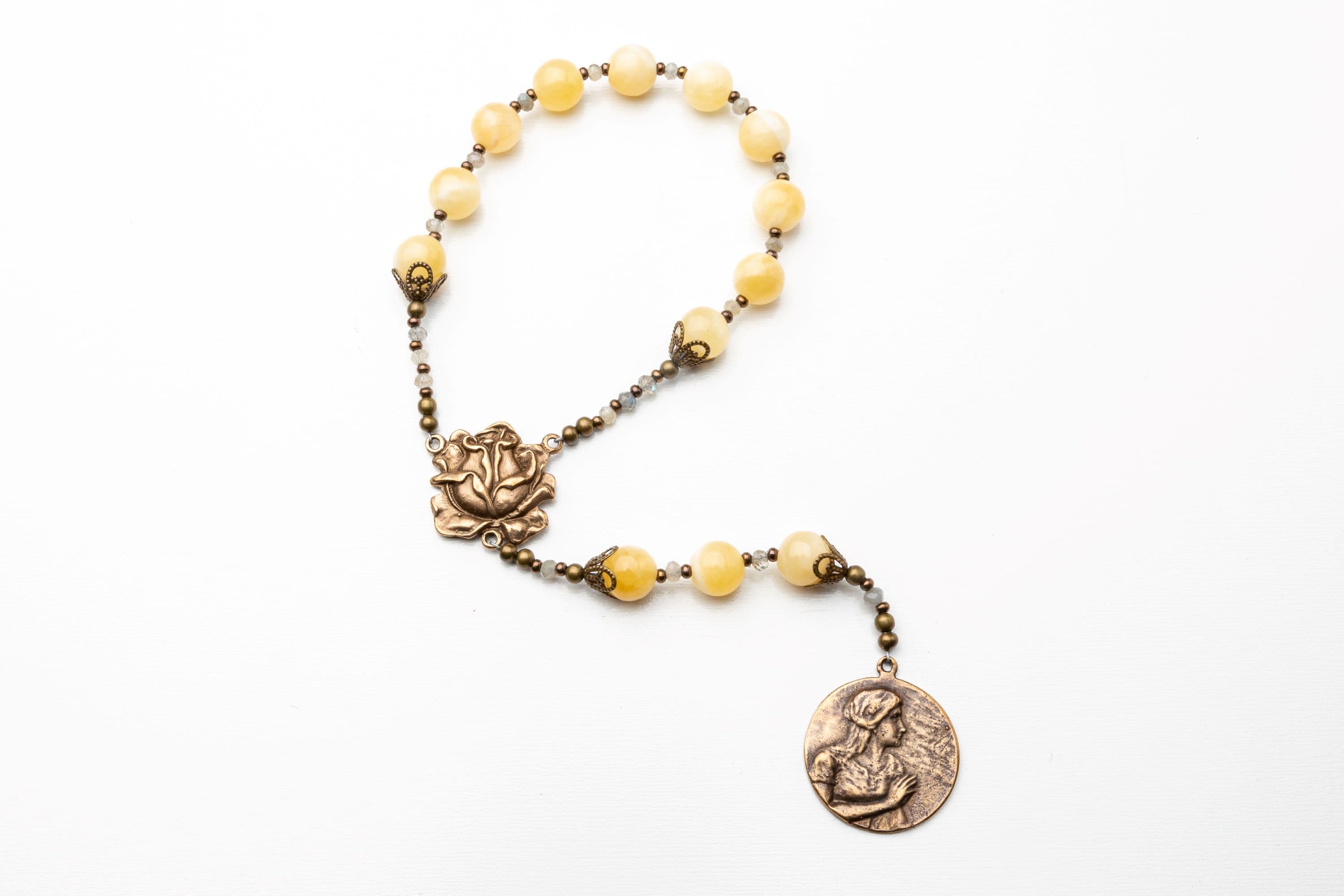 Saint Mary Magdalene Chaplet Designed in Yellow Calcite with Bronze Medals image