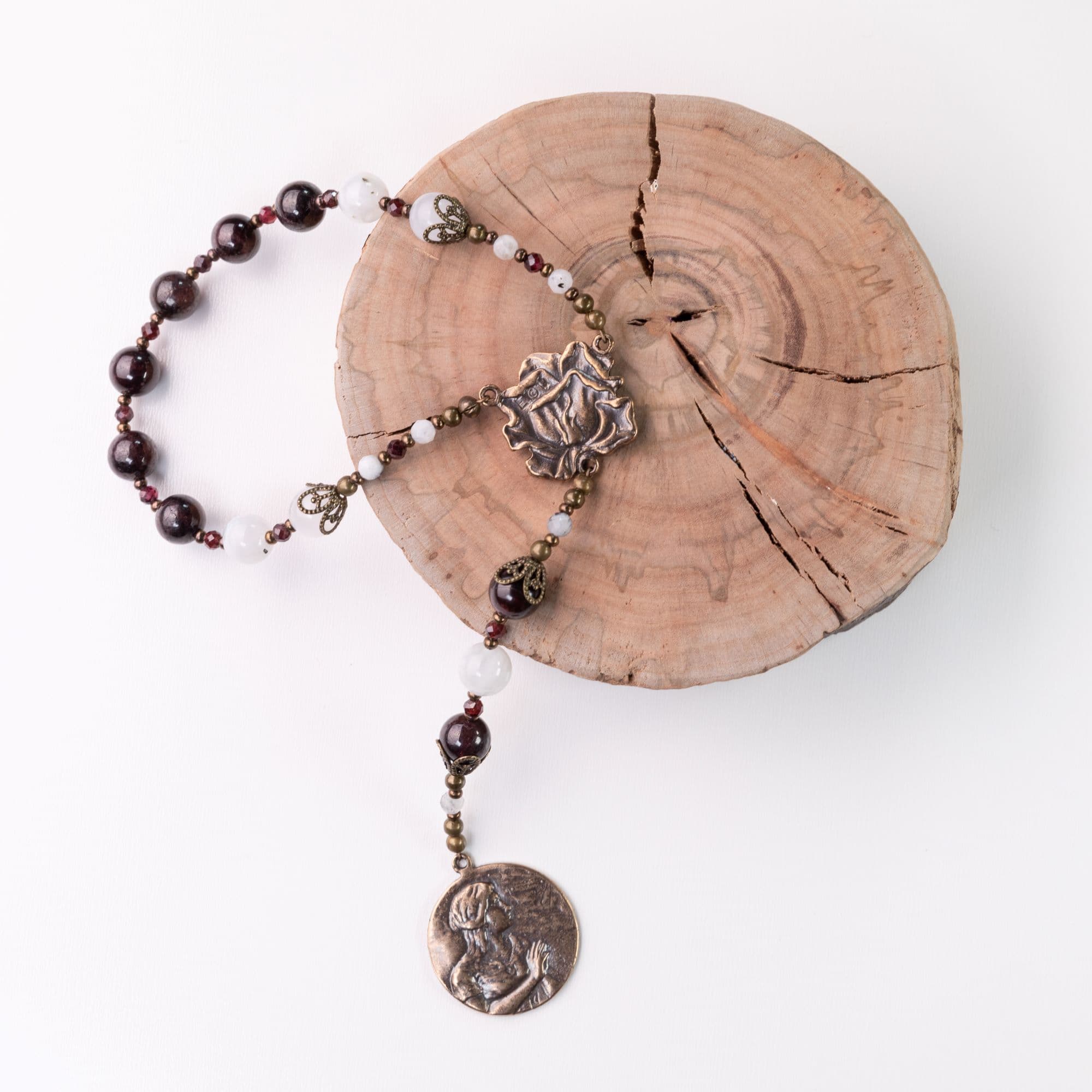 Saint Mary Magdalene Chaplet Created in Red Garnet & Moonstone wtih Bronze Medals image