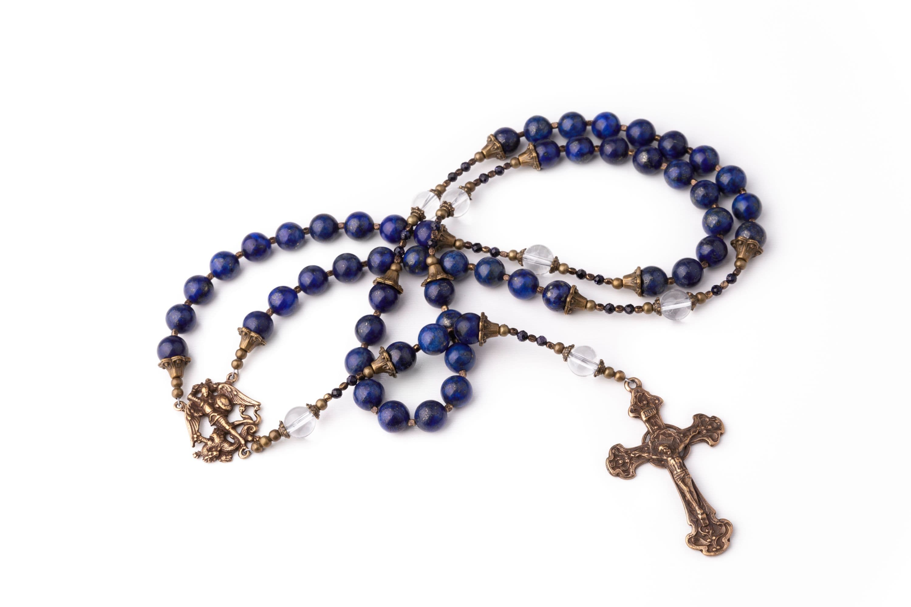 Archangel Michael Rosary Designed in Lapis Lazuli with Bronze Medals image