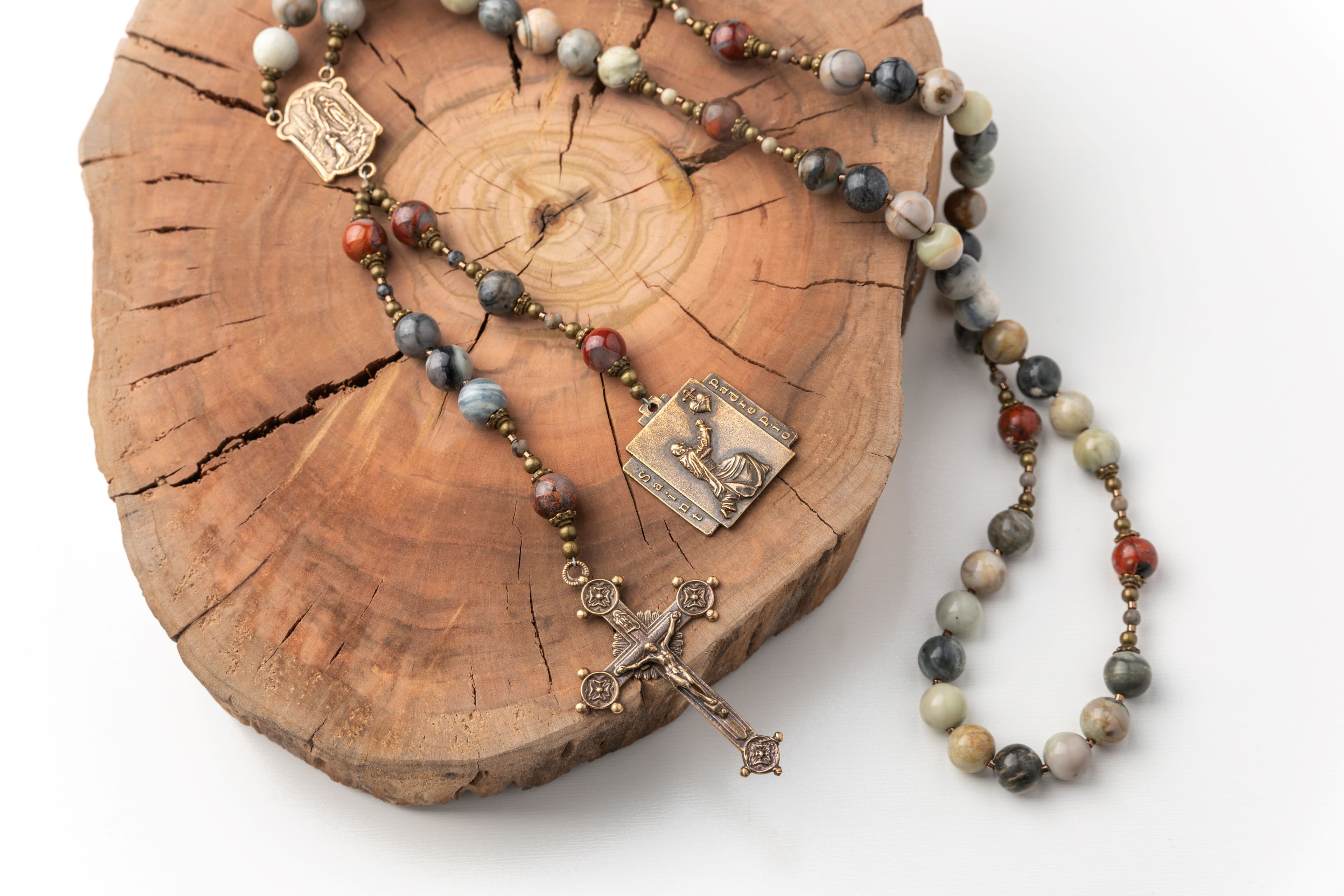 Saint Padre Pio Rosary, Picasso Jasper, Bronze Catholic Gift