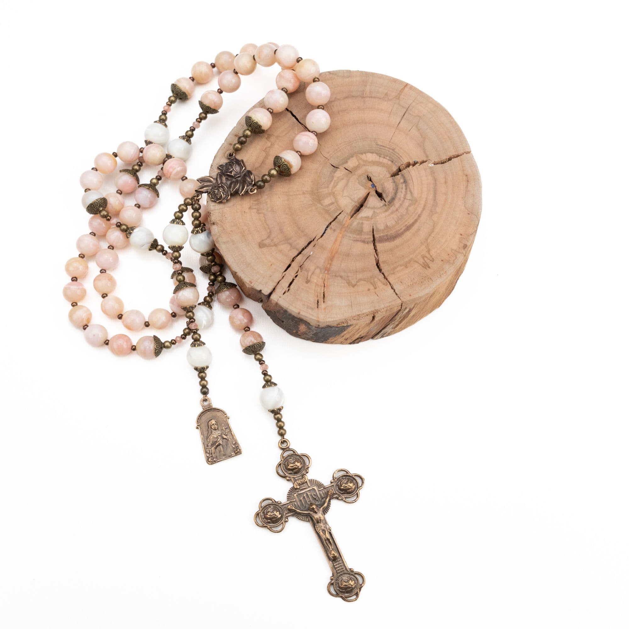 Saint Therese Vintage Style Rosary, Pink Opal, Bronze Medals