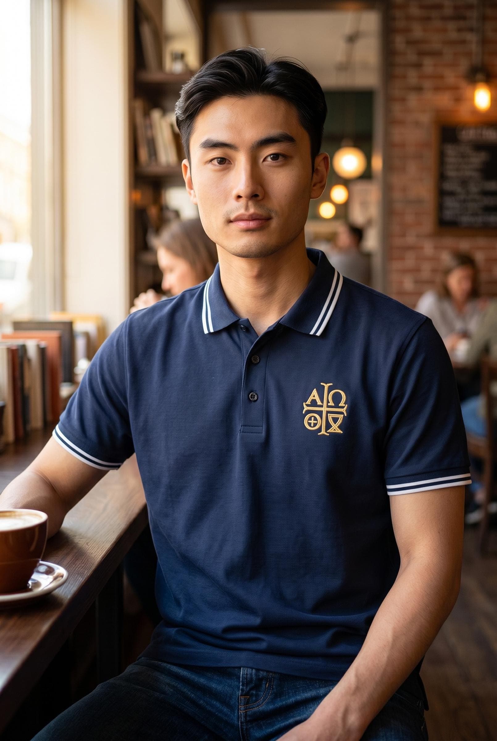 Alpha Omega Symbol Embroidered Navy Polo Shirt Catholic Liturgical Apparel