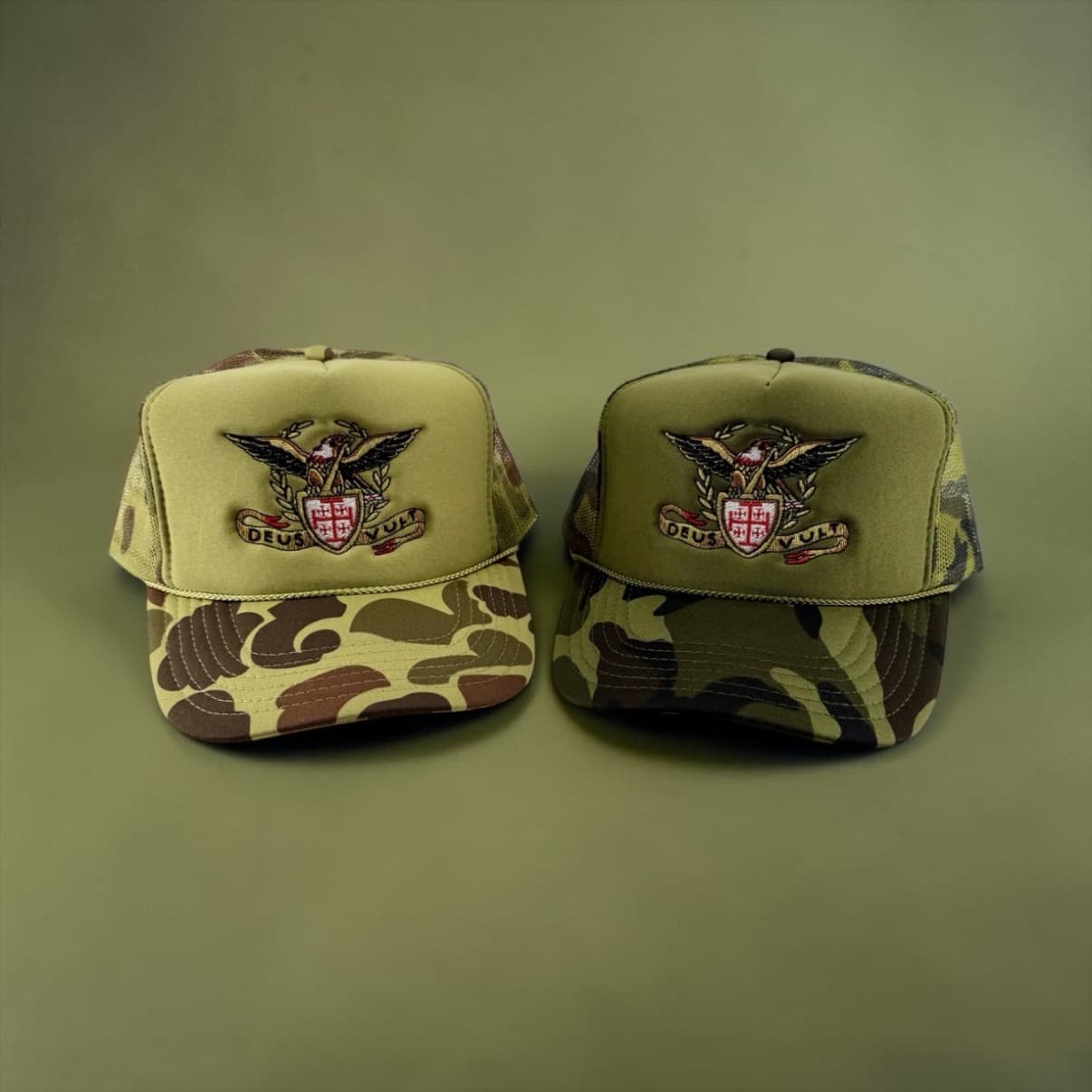 Deus Vult Banner with Crusader Jerusalem Cross Shield and Eagle Embroidered Camo Hat